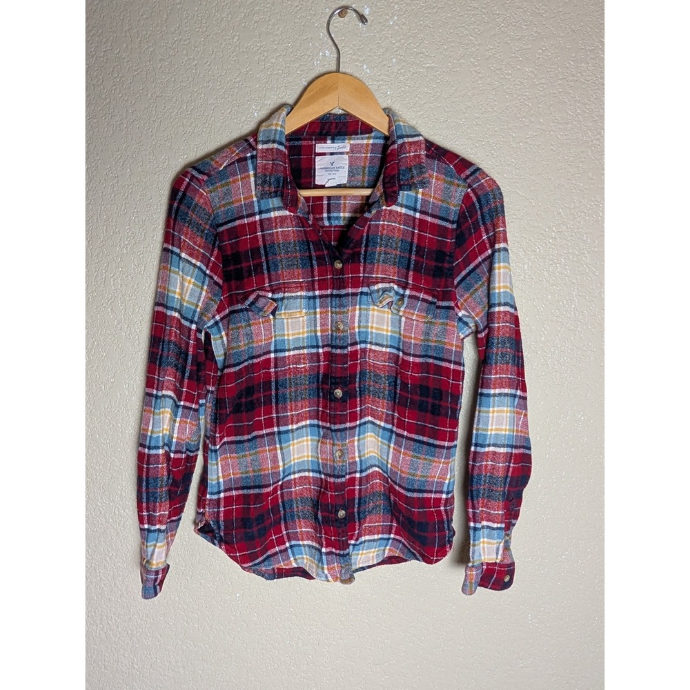 American Eagle Flannel Shirt L Red Blue Plaid Slim Fit Grunge Cabincore